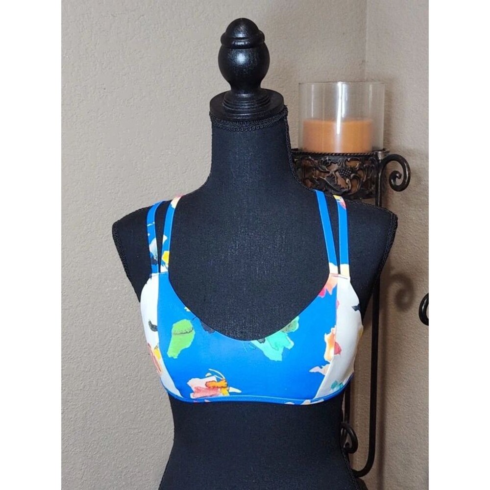 Athleta cream blue floral strappy swim top